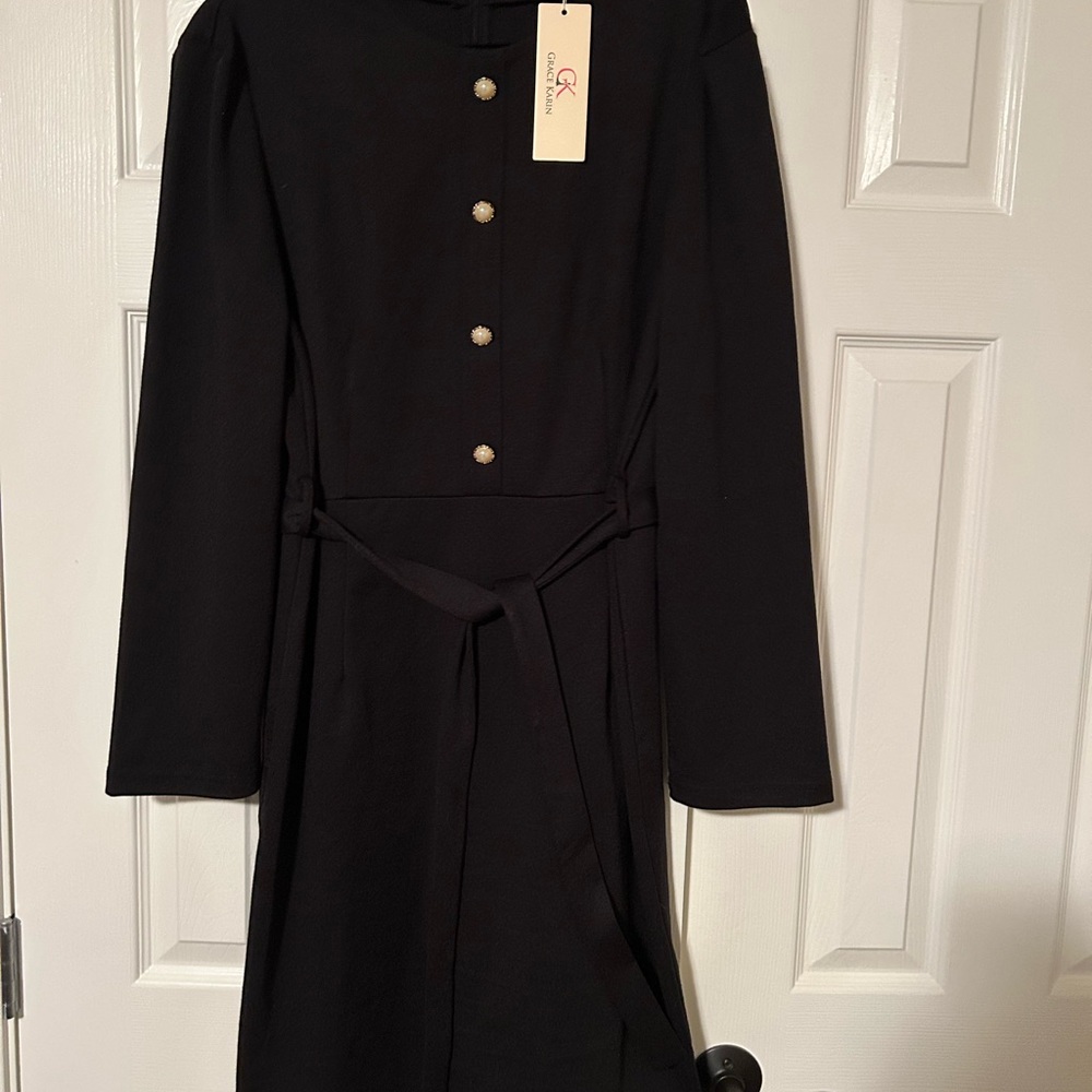 Grace Karin Black Long Sleeve Dress with Button Detail